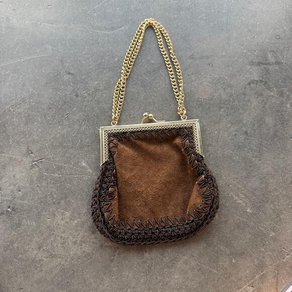 Vintage Handbags - Vintage Y2k Suede Brown Boho Preppy Chic Gold Chain Mini Made In Italy Handbag